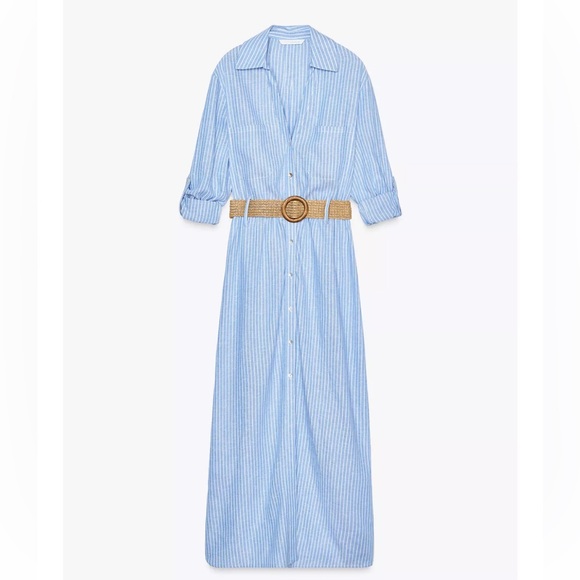 NWT Zara Blue Midi Dress with Notched Collar and Cuffed Sleeves - Picture 1 of 5
